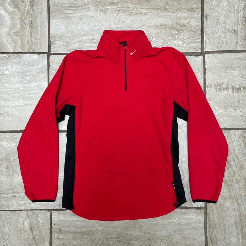 Vintage Nike Bright Red Fleece Pullover Quarter Zip with Black Trim Kids XL